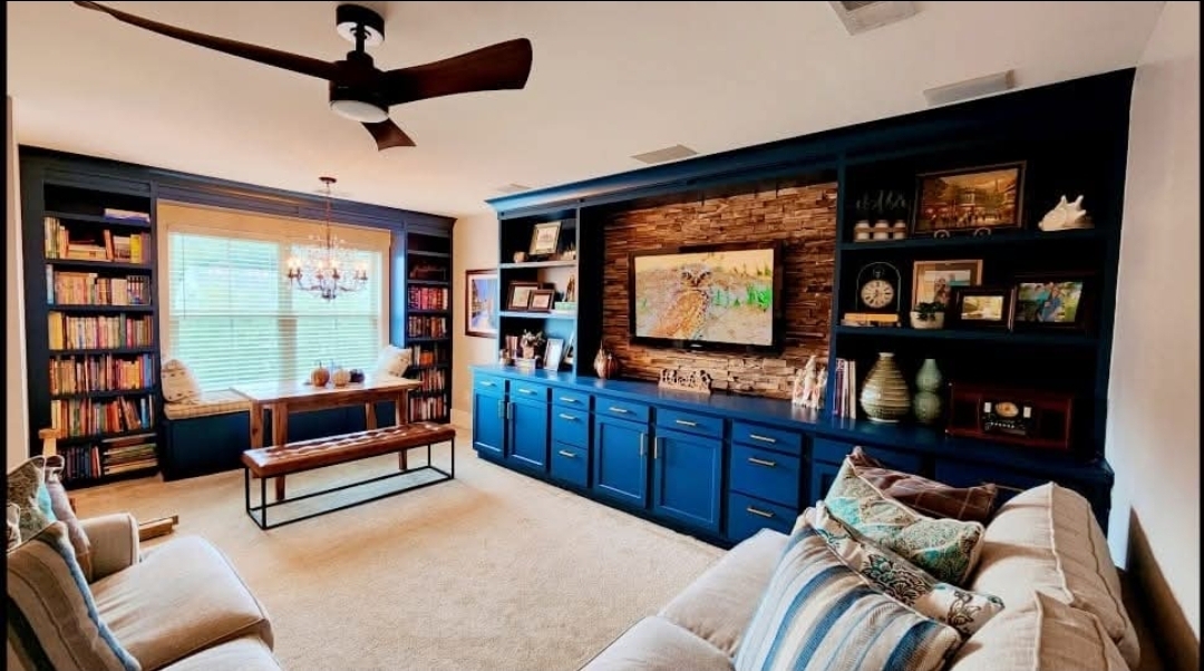 Navy Built-In with Stone Accent Wall