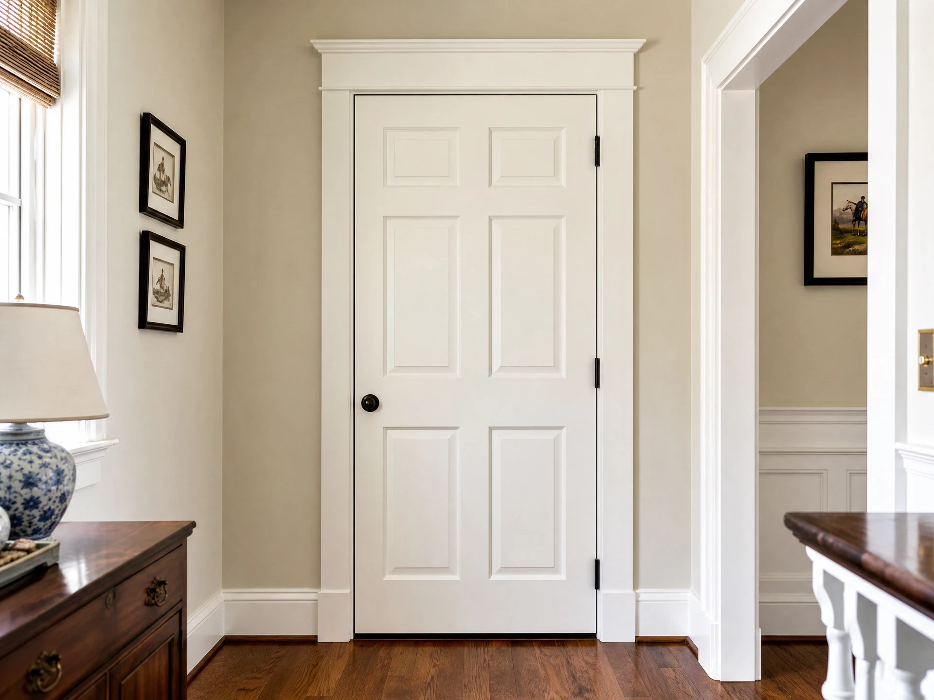 Complete door surround with header and baseboard transition