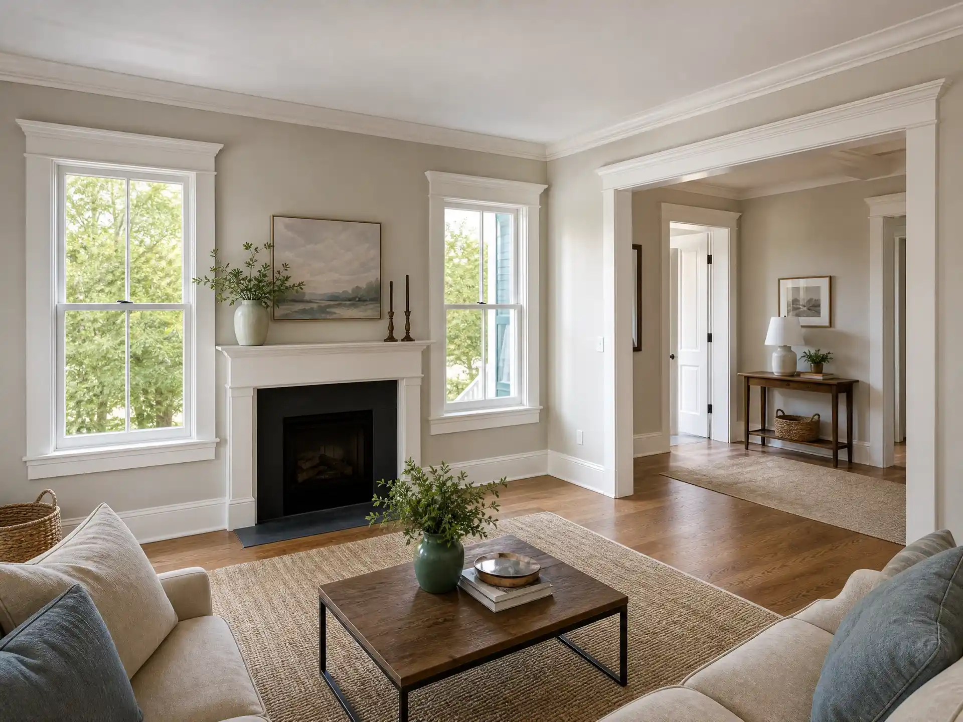  Living-room trim package with coordinated profiles across windows, walls, and openings