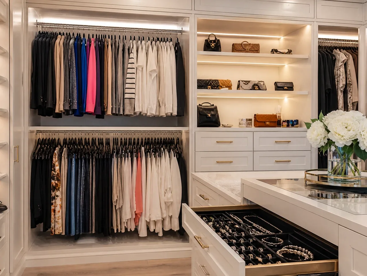 Luxurious walk-in closet with organized shoe shelving and drawers