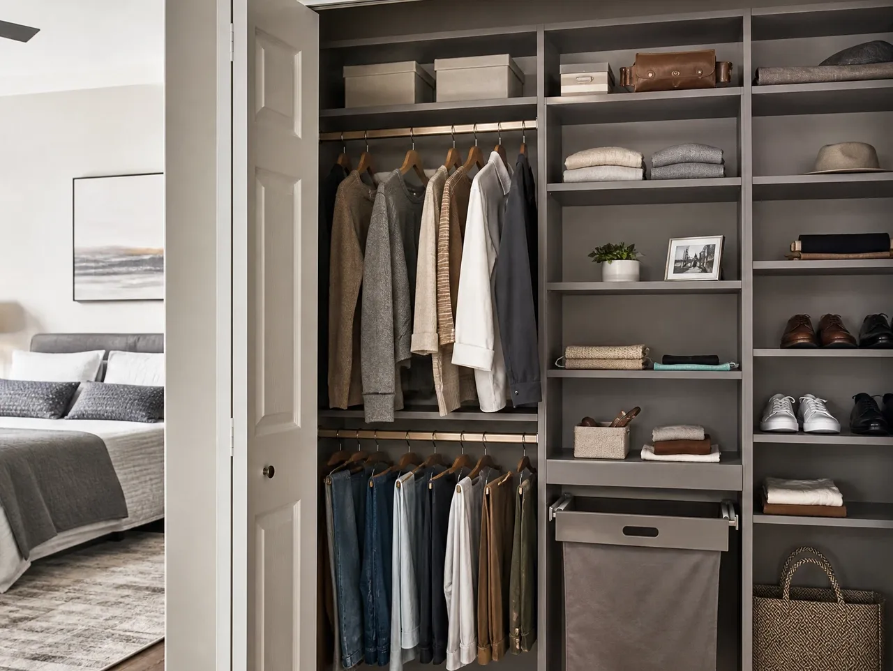 Efficient reach-in closet with double hanging and pull-out drawers