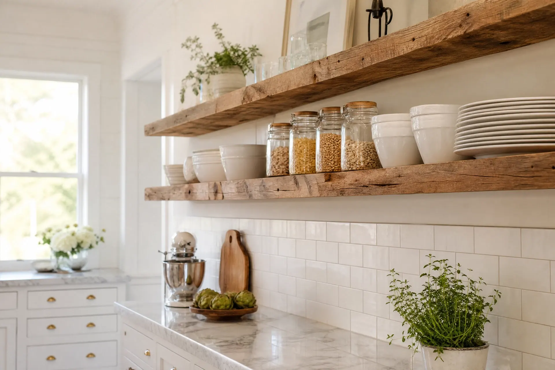 Kitchen floating shelves with reclaimed wood
