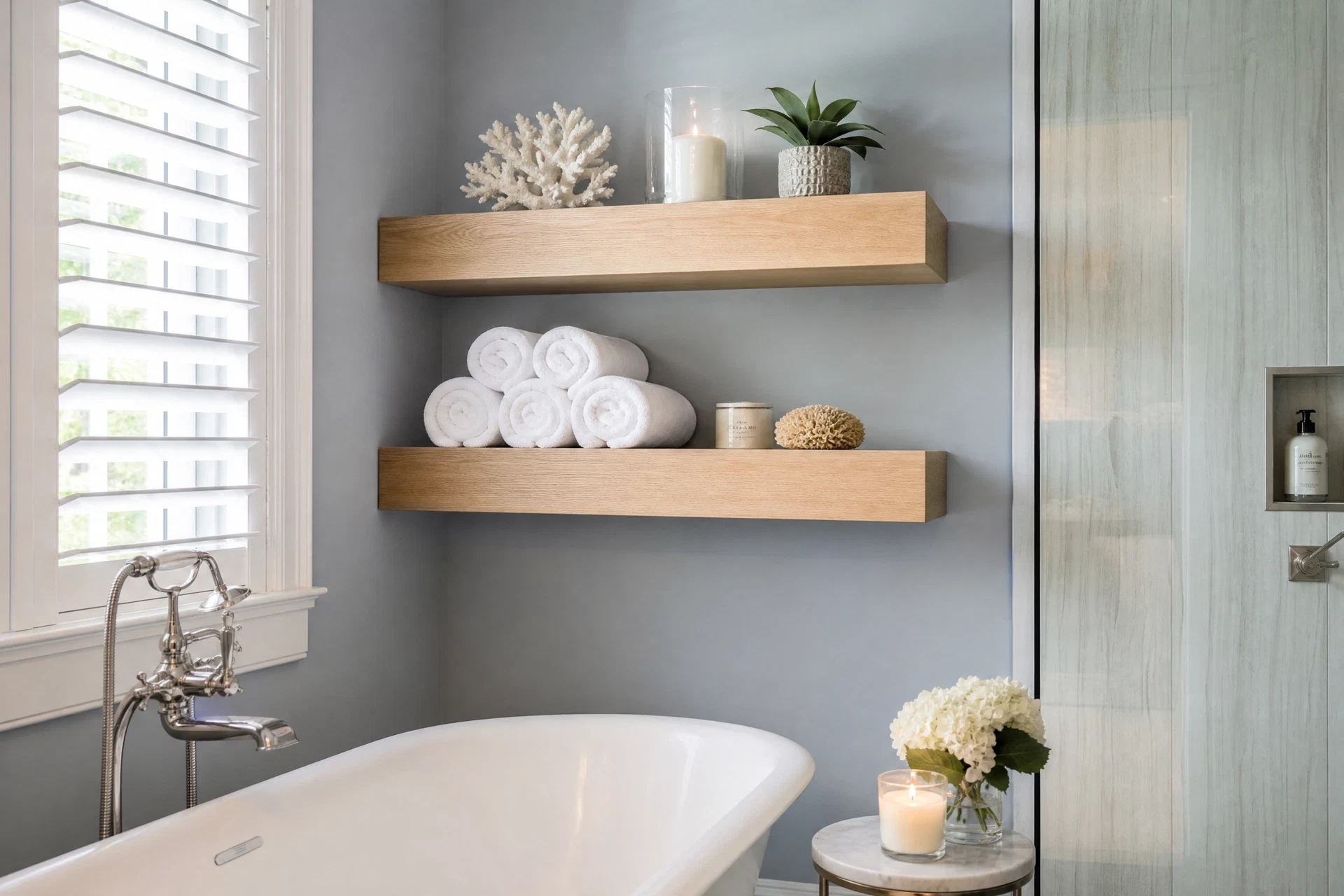 Spa-style bathroom floating shelves with oak finish