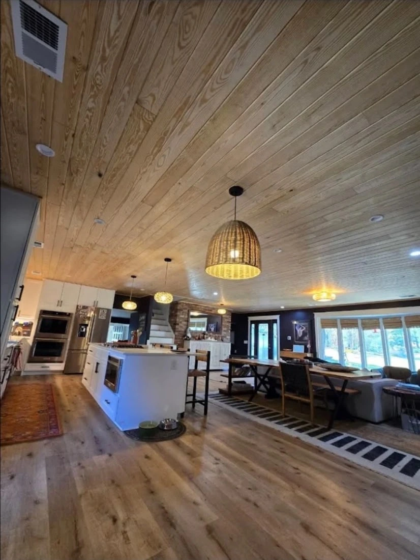 Tongue-and-groove wood plank ceiling in kitchen
