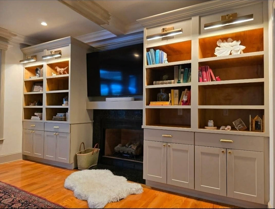 Built-in bookshelf wall with integrated media niche