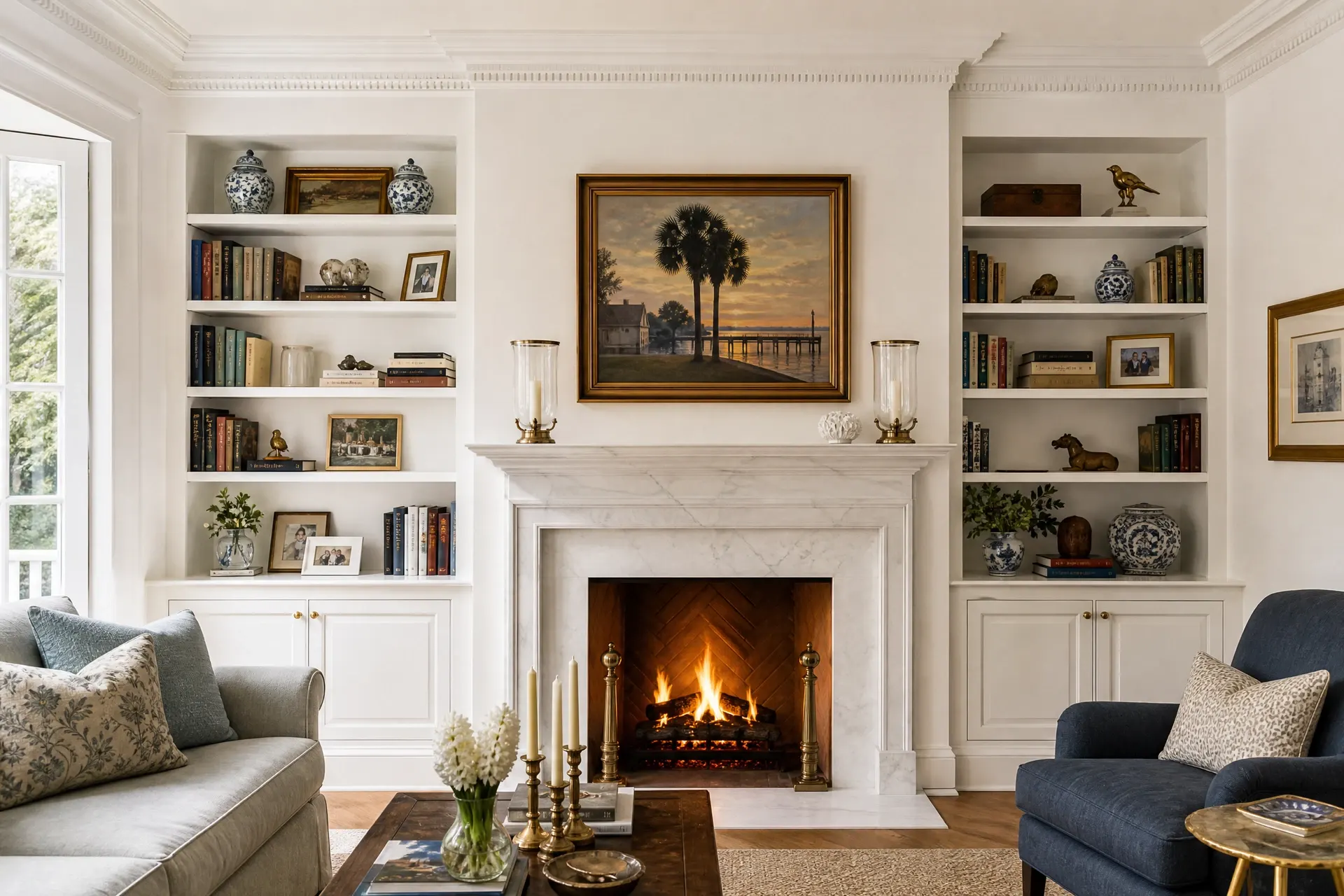Custom bookshelves flanking marble fireplace with brass sconces