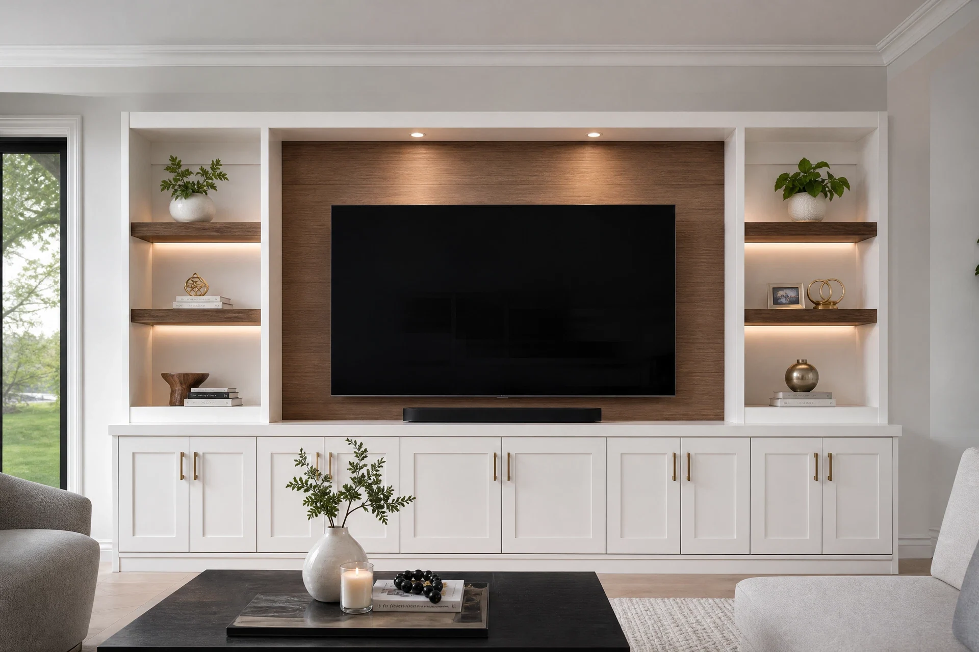 Contemporary entertainment center with warm wood accent panel