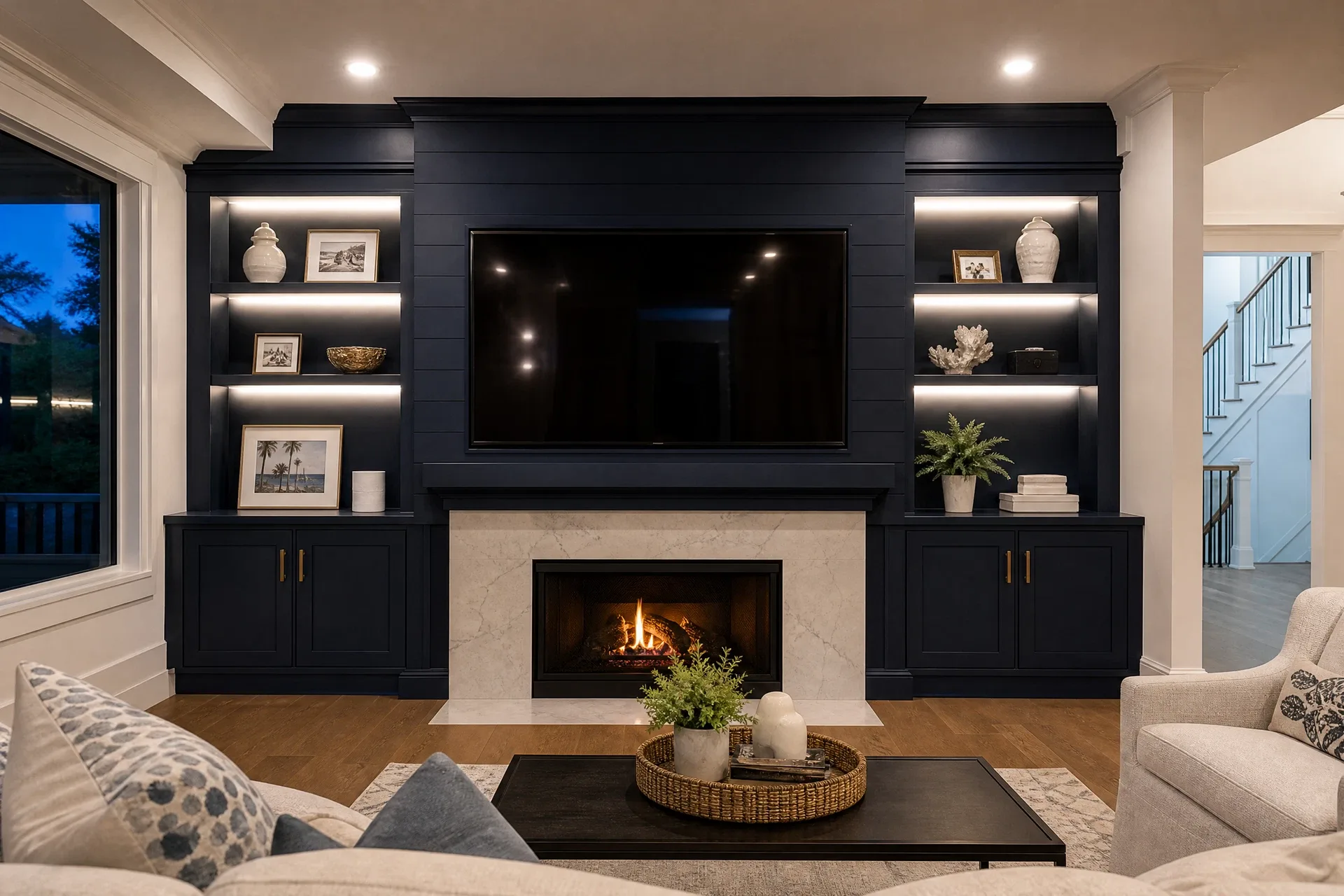 Dark navy media wall with integrated fireplace and LED accents