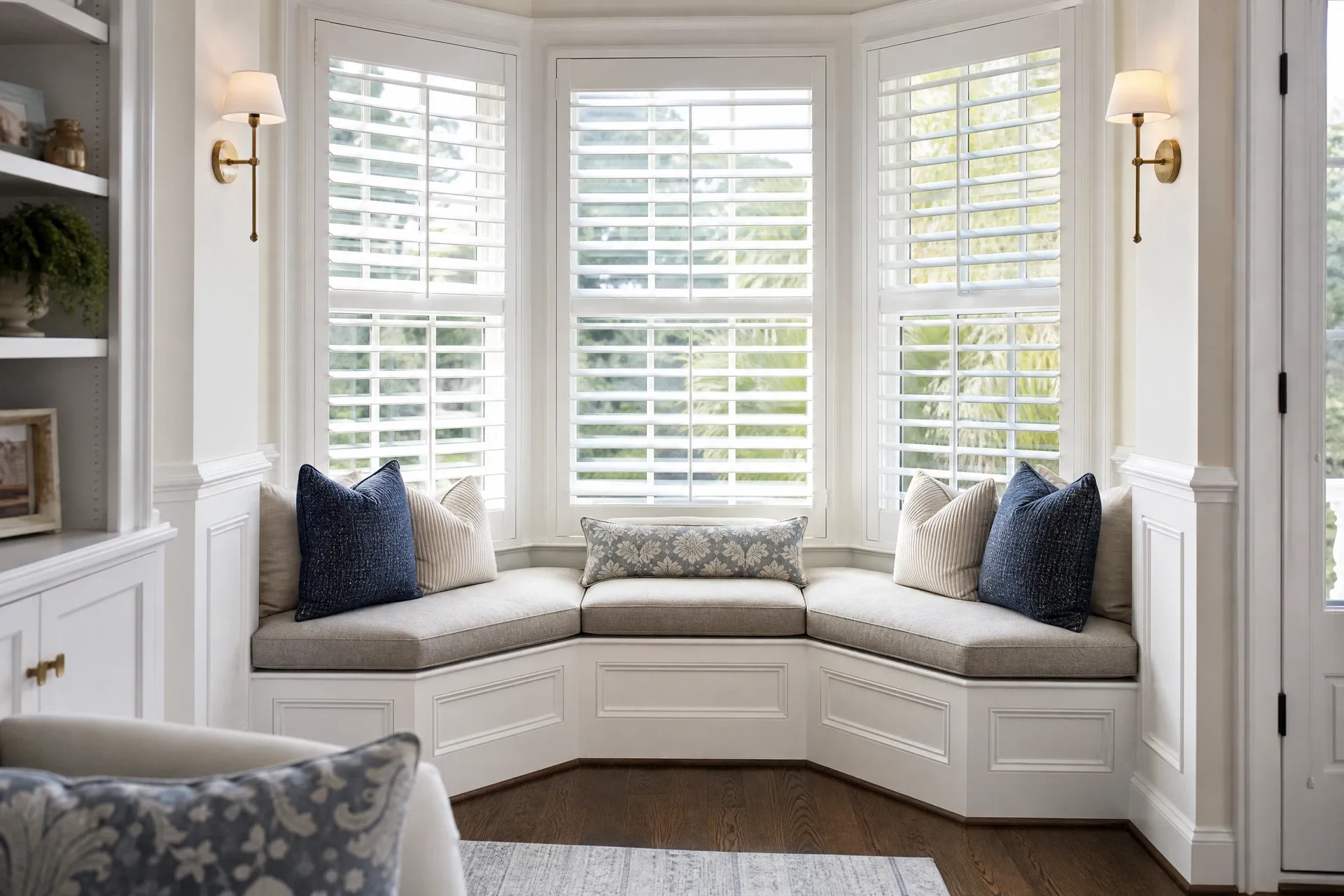 Bay window seat with lift-top storage and plantation shutters