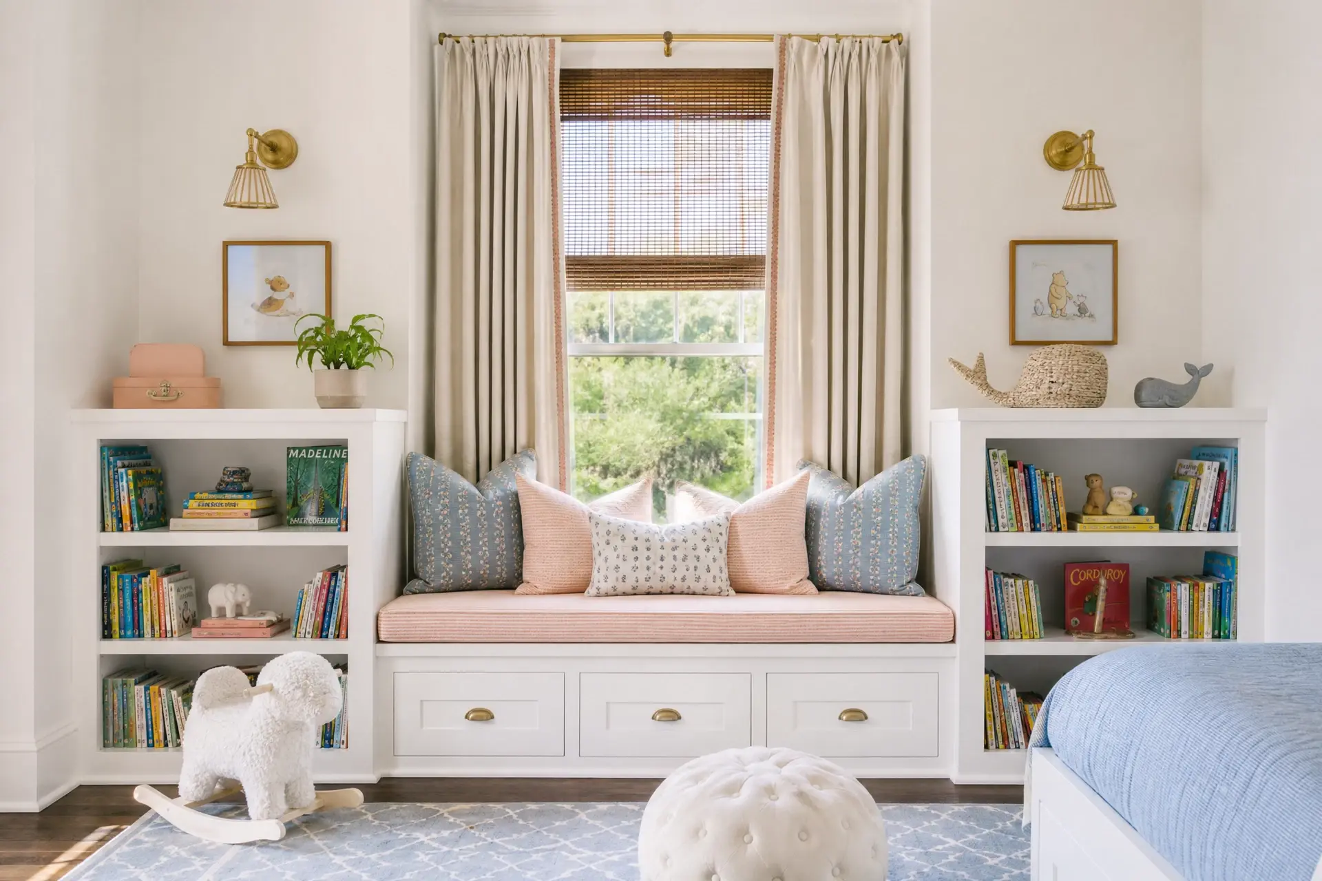 Kid-friendly window seat with flanking low bookshelves
