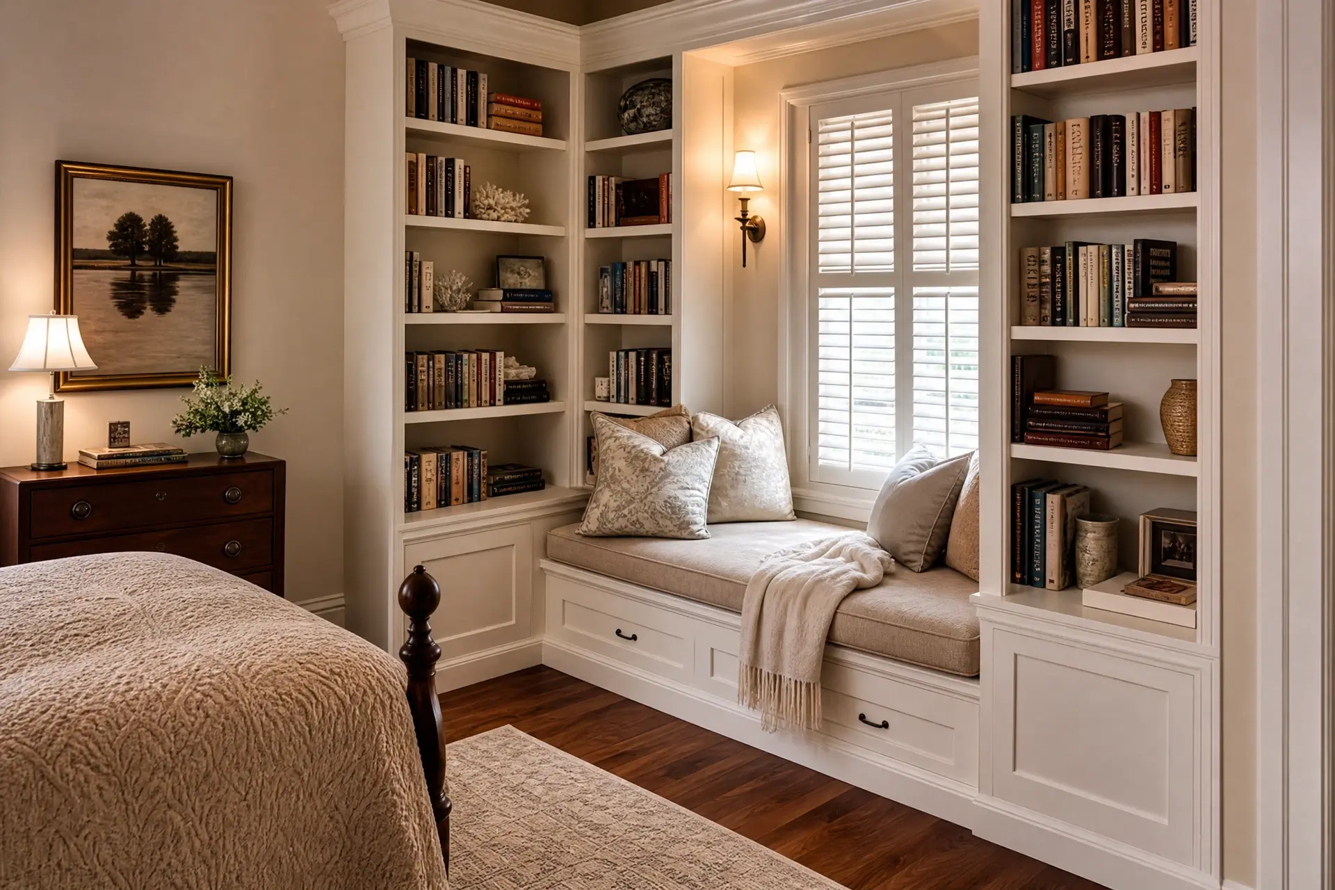 Corner reading nook surrounded by floor-to-ceiling bookshelves