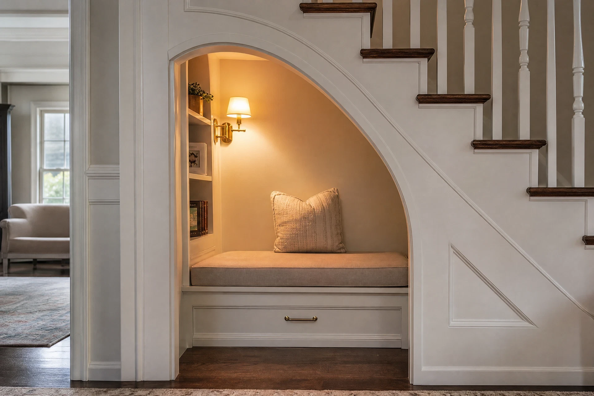Cozy under-stair reading alcove with integrated lighting