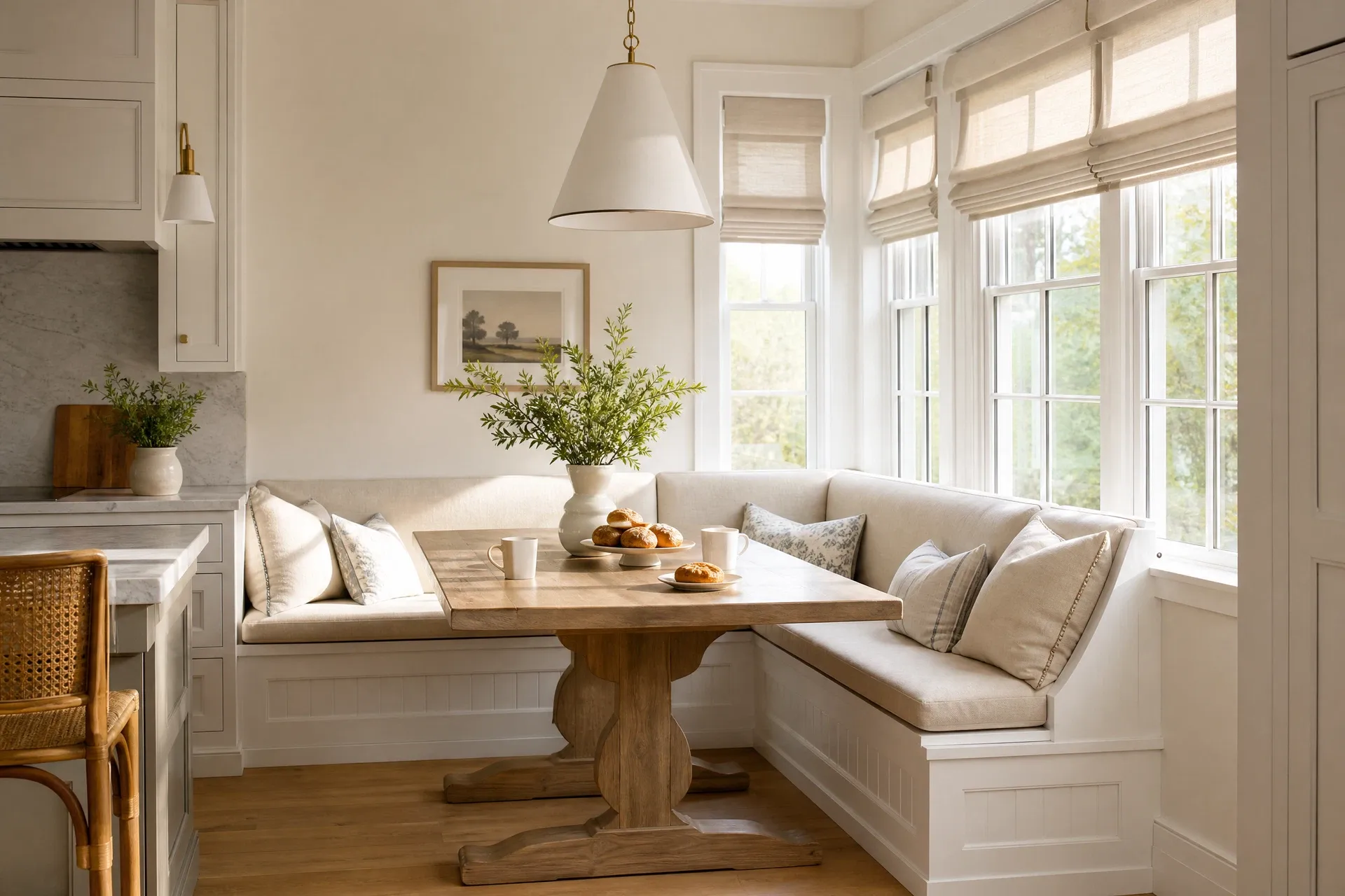 L-shaped banquette with beadboard detail and farmhouse table