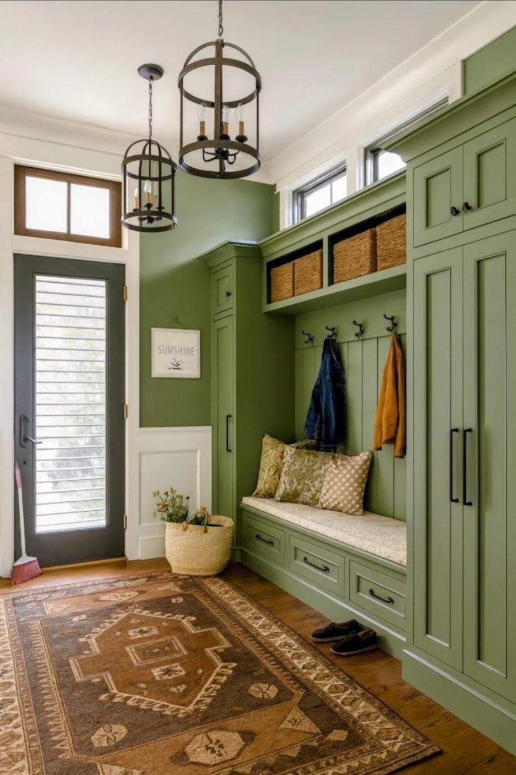 Mudroom built-in with bench seating and upper storage