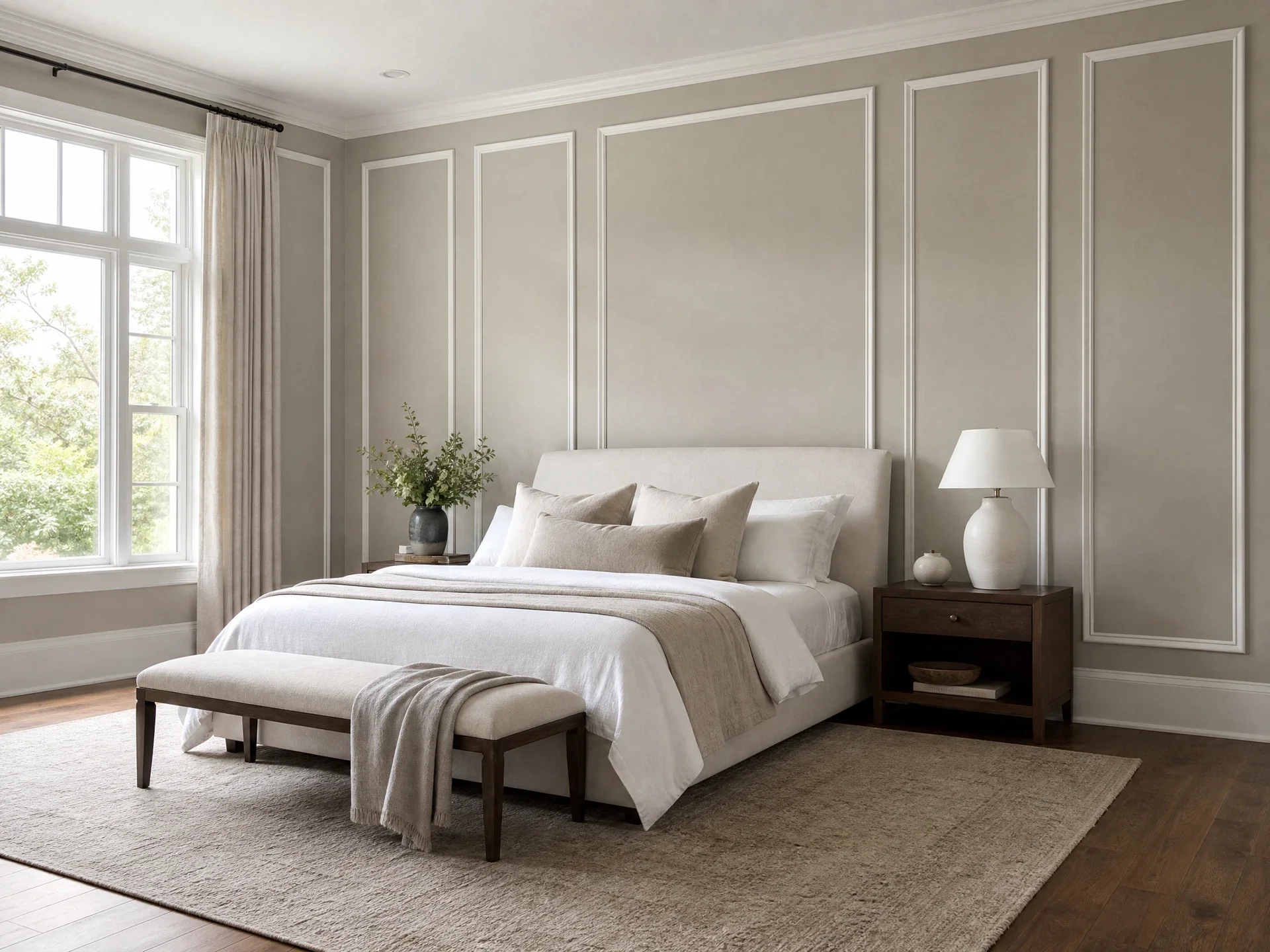  Tall panel-molding layout designed as a tailored bedroom feature wall