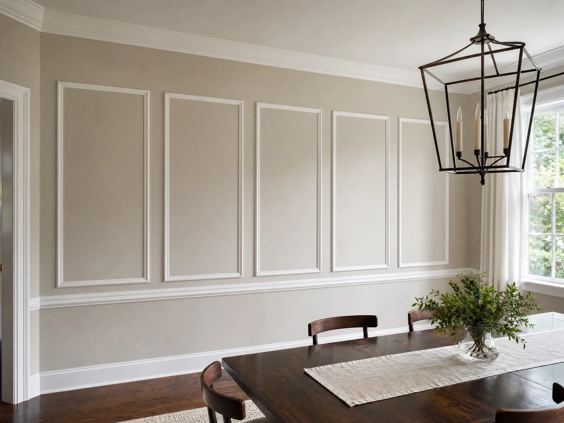White picture frame molding installed in a Charleston dining room Balanced dining-room wall frames with chair rail and consistent spacing