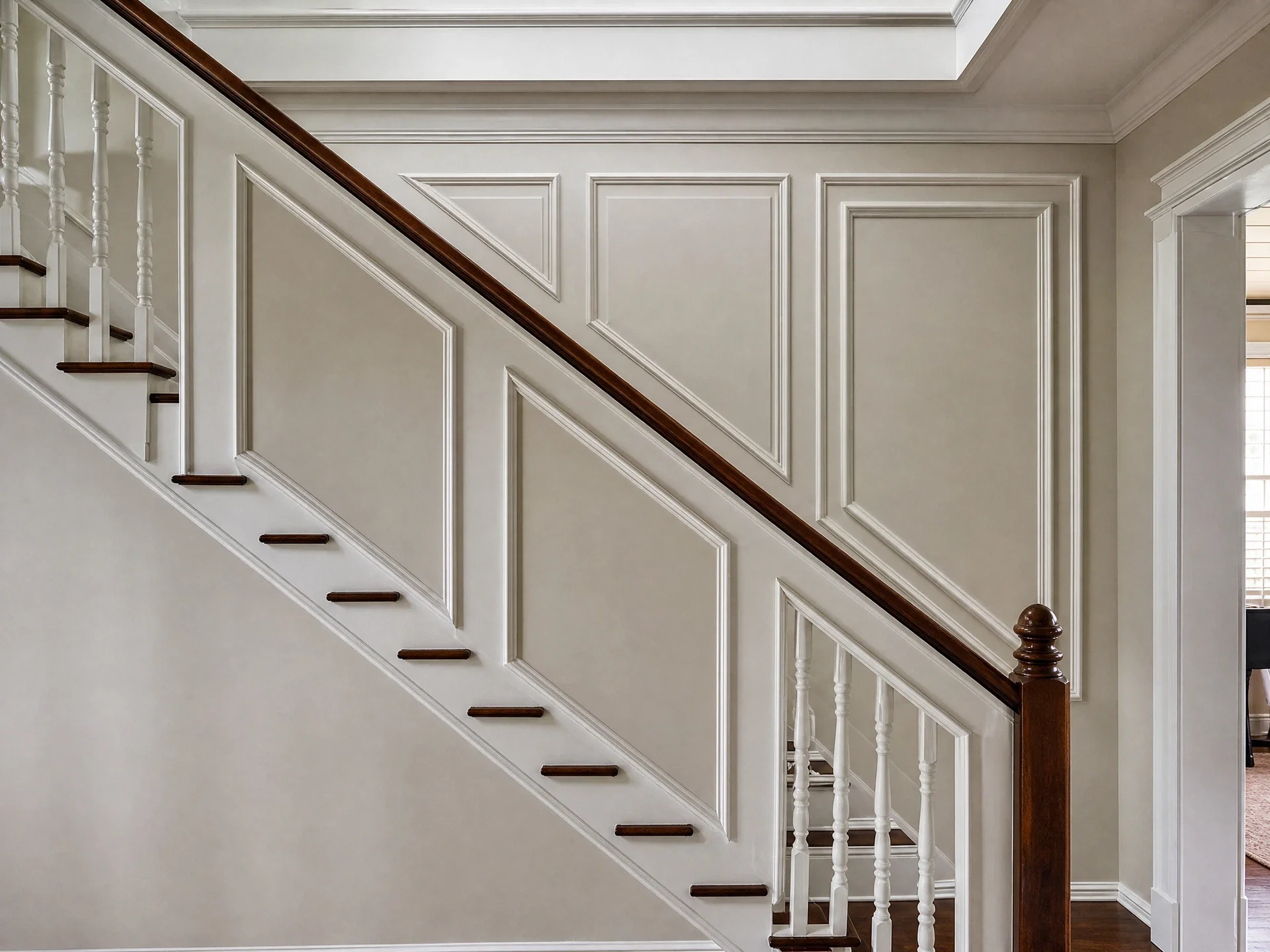  Precisely proportioned stair-wall molding aligned with the staircase angle
